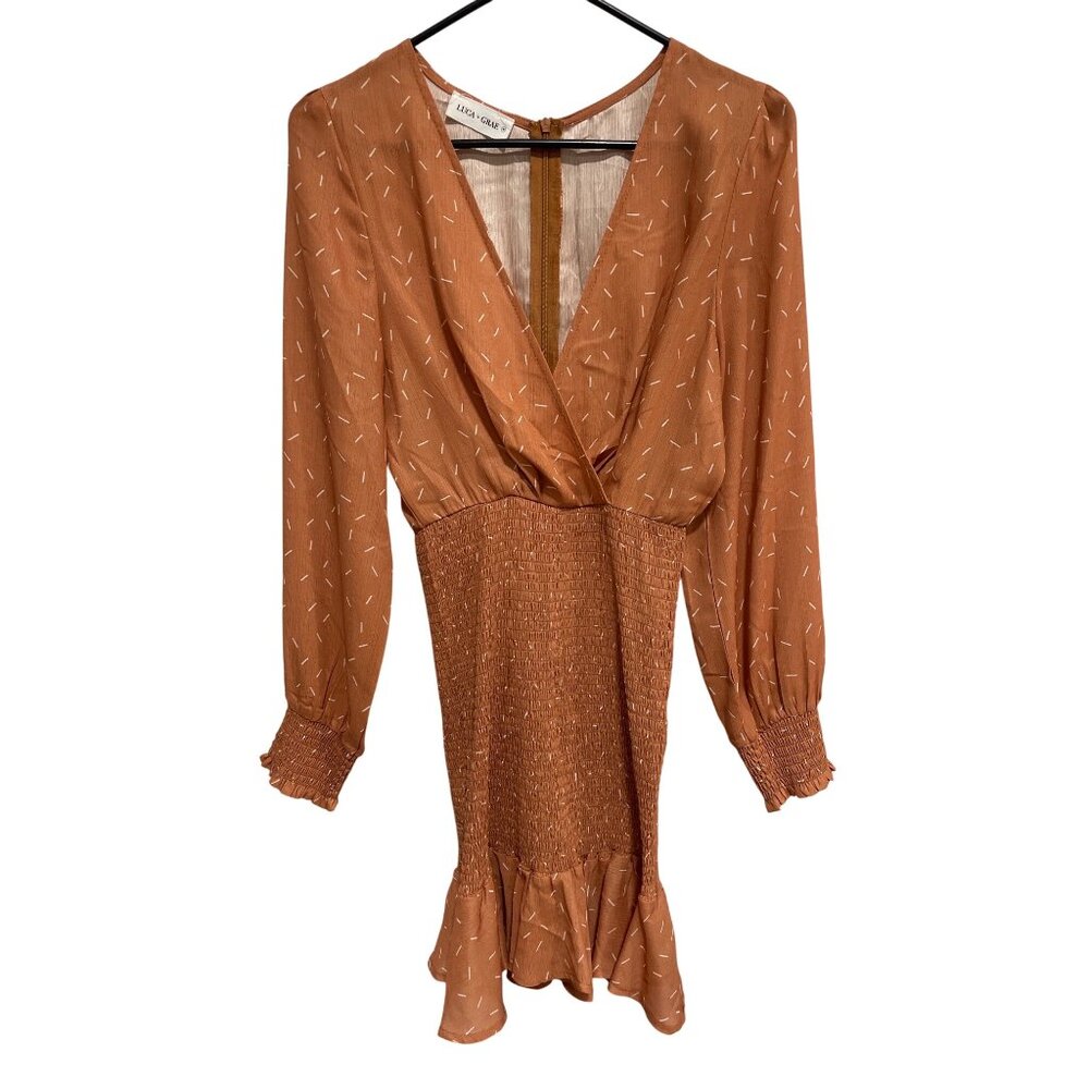 Luca + Grae Mini Dress Size Medium Surplice Neck Smocked Long Sleeve Rust White